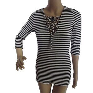 Norma Allen Medium Black & White Striped Lace-Up V-Neck Ribbed Knit Shirt top m